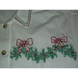 Christmas Hand Embroidered Holiday White Cotton Shirt Small Holly Red Bows UGLY
